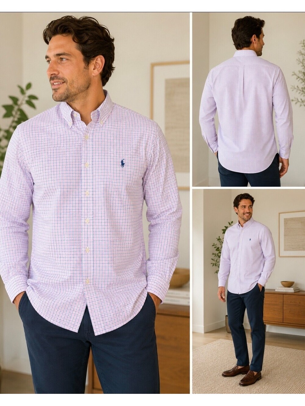 Ralph Lauren Mens 17.5 32/33 Classic Fit Pink Blue Check Button Down Shirt